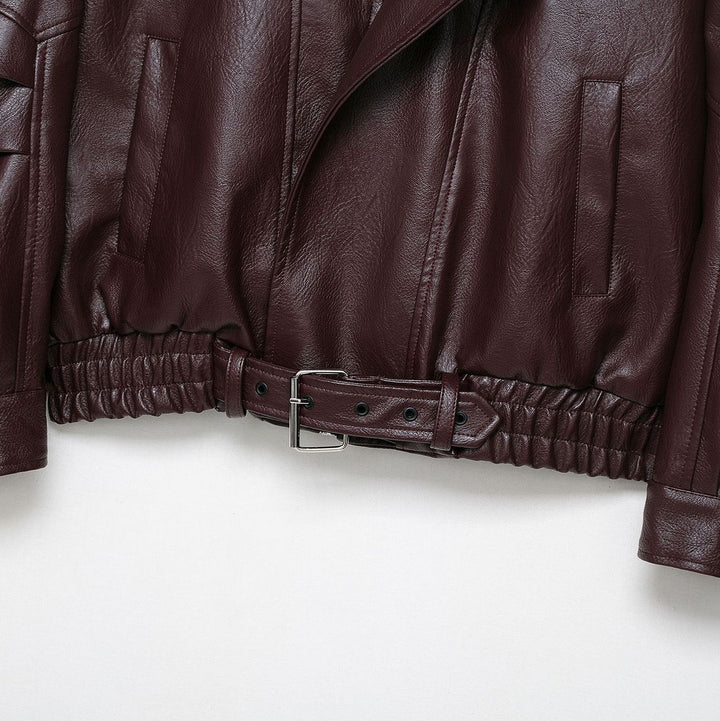 Damen modische Kunstlederjacke mit elegantem Schnitt und verstellbarem Taillengürtel Drune
