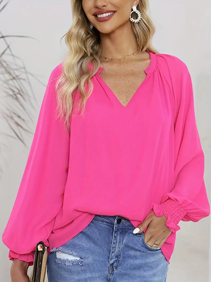 Damen Elegantes V-Ausschnitt Bluse mit Puffärmeln Drune
