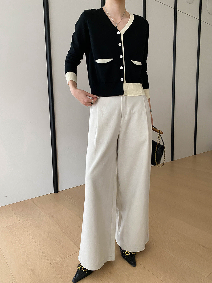 Damen eleganter V-Ausschnitt Rippenshirt mit langen Ärmeln und Untertop Drune
