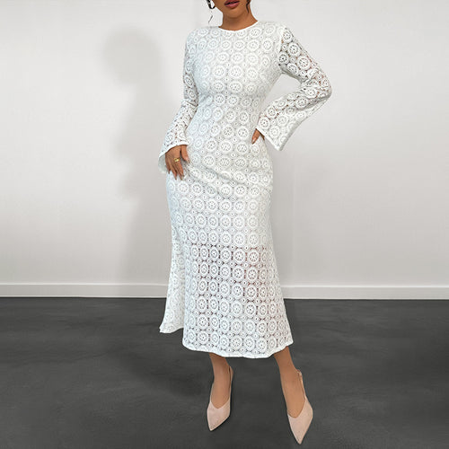 Damen Midikleid aus gehäkelter Spitze mit Trompetenärmeln Drune