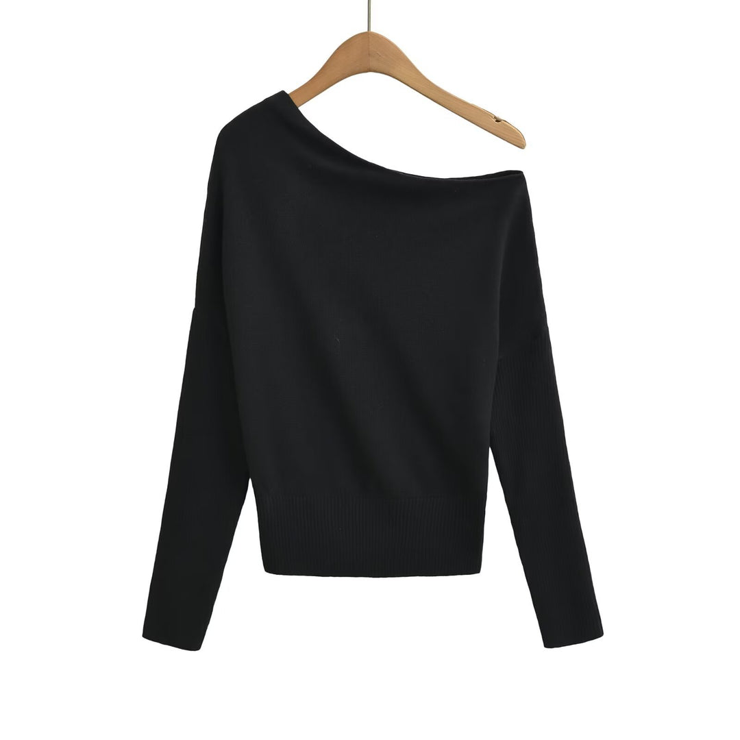 Damen Oversize One-Shoulder Pullover mit Fledermausärmeln und breitem Rippenbund Drune