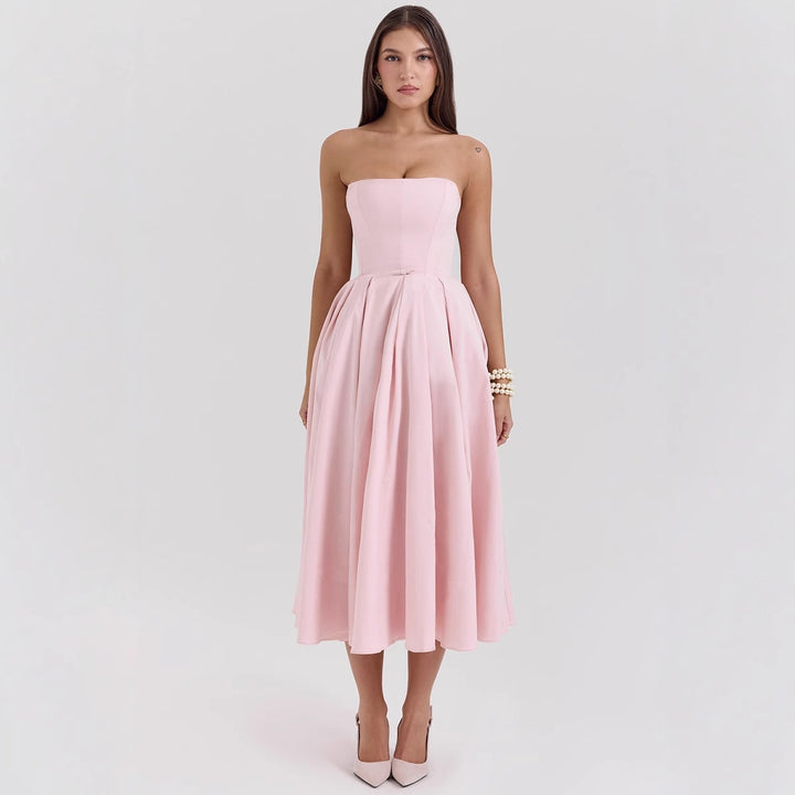 Damen Taillesenkende Midi-Kleid mit schulterfreiem Design und eleganter Faltenstruktur Drune