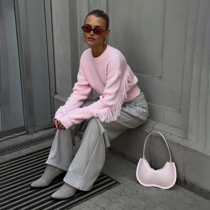 Damen Modischer Crop-Pullover mit Fransen Drune
