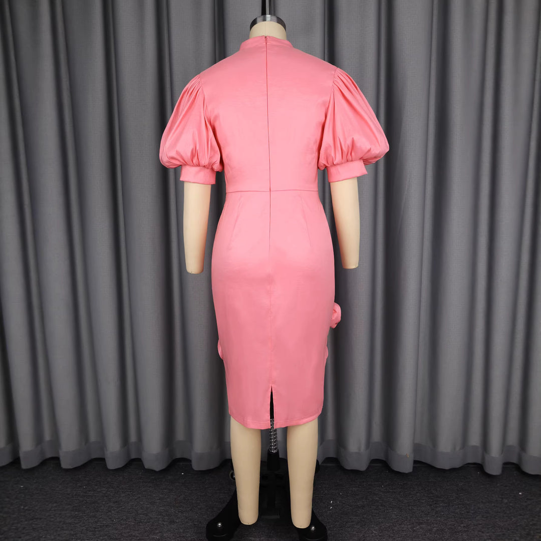 Damen Elegantes Kleid mit voluminösen Puffärmeln und floralem Akzent Drune