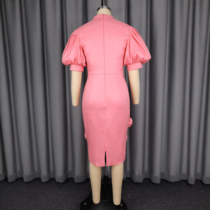 Damen elegantes Cocktailkleid mit Puffärmeln und Blumendetails Drune