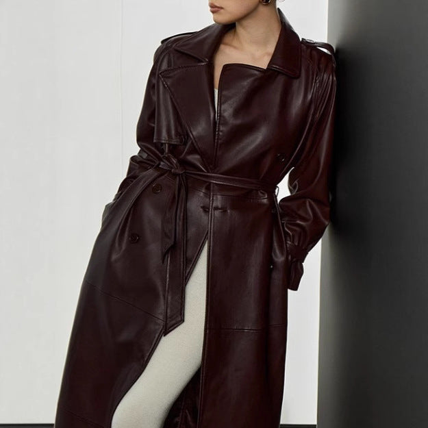 Damen elegante Kunstleder-Trenchcoatjacke mit Gürtel und modischen Details Drune
