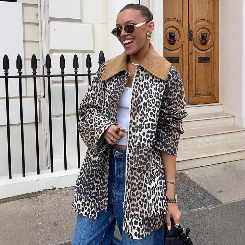 Damen Oversize-Fieldjacke mit Leoprint und kontrastierendem Cordkragen Drune