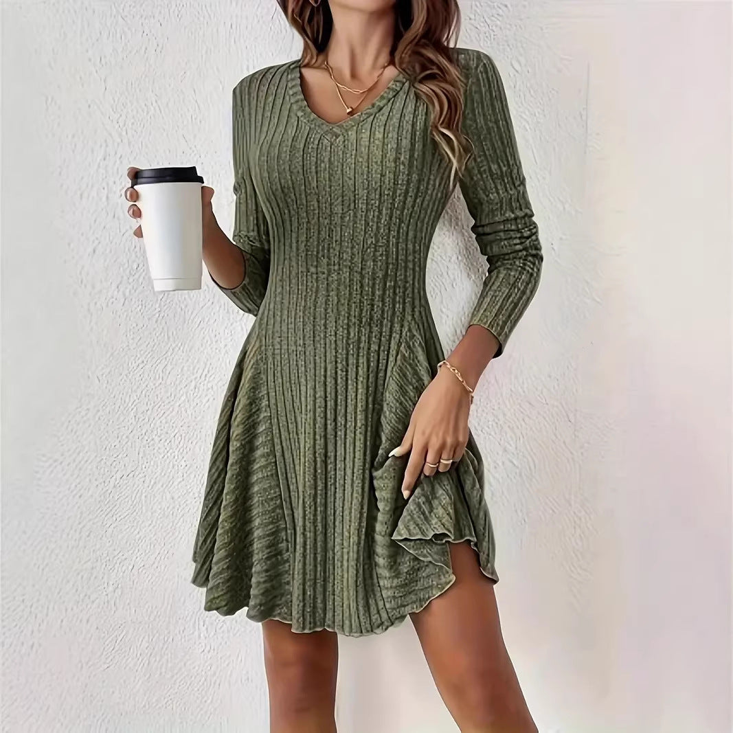 Damen Geripptes V-Ausschnitt-Minikleid mit ausgestelltem Rock und Eingrifftaschen Drune