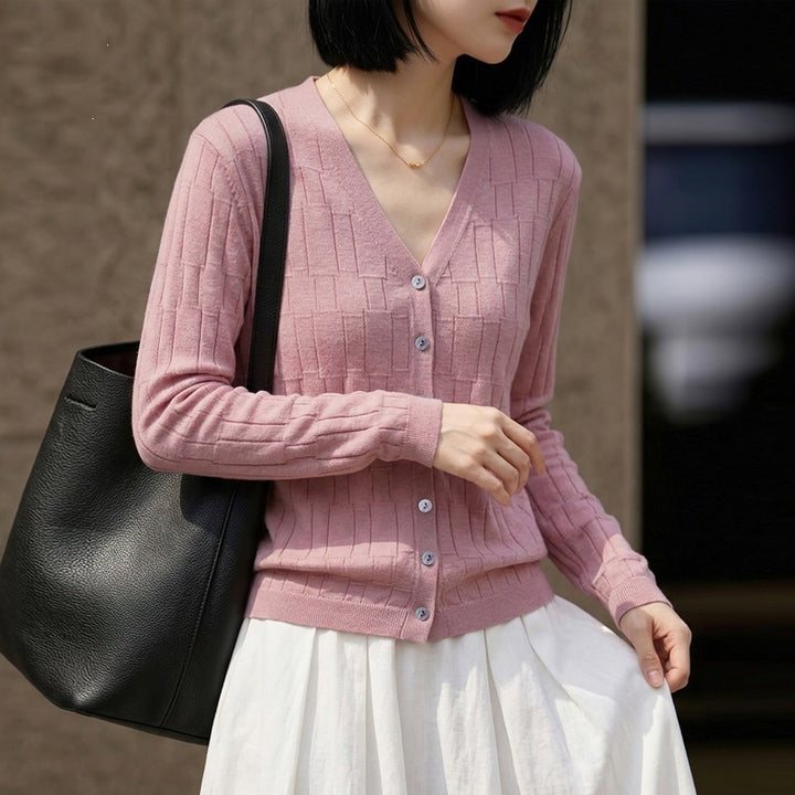 Damen V‑Ausschnitt-Feinstrickcardigan mit strukturierter Blockoptik und durchgehender Knopfleiste Drune