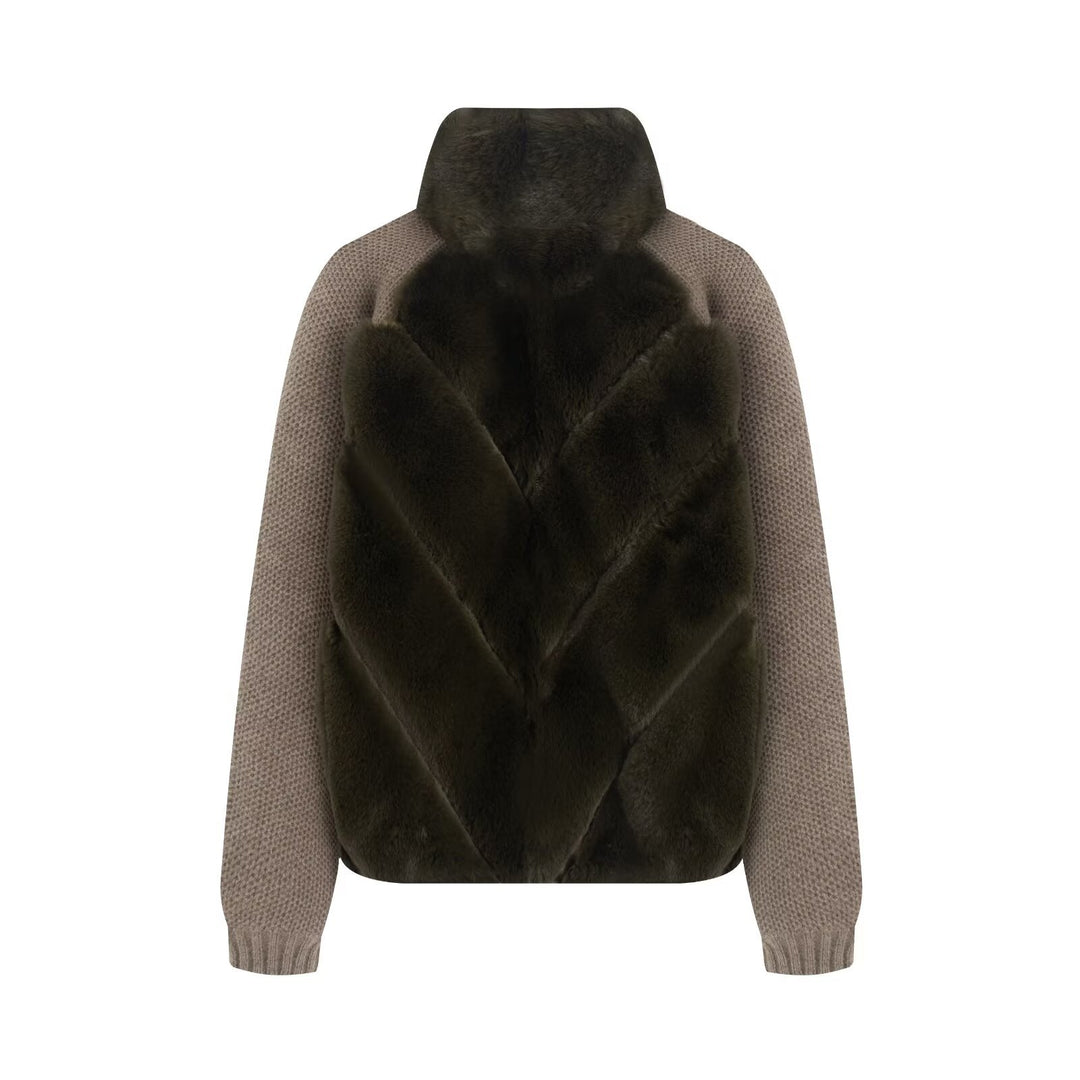 Damen Strickpullover-Jacke mit gesteppter Faux-Fur-Front und hohem Stehkragen Drune
