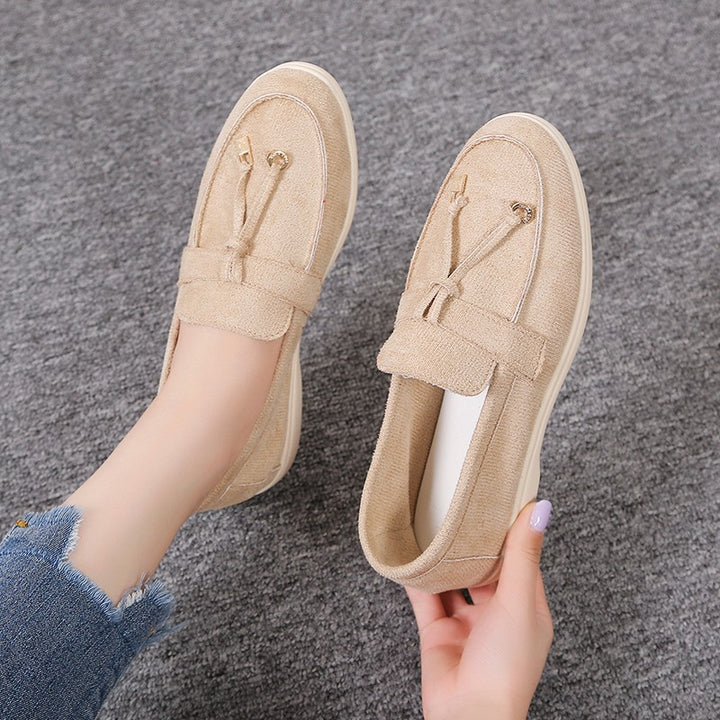 Damen lässige Veloursleder-Optik Slipper mit dekorativer Zierkordel, weichem Komfortfußbett und flexibler Leichtsohle Drune