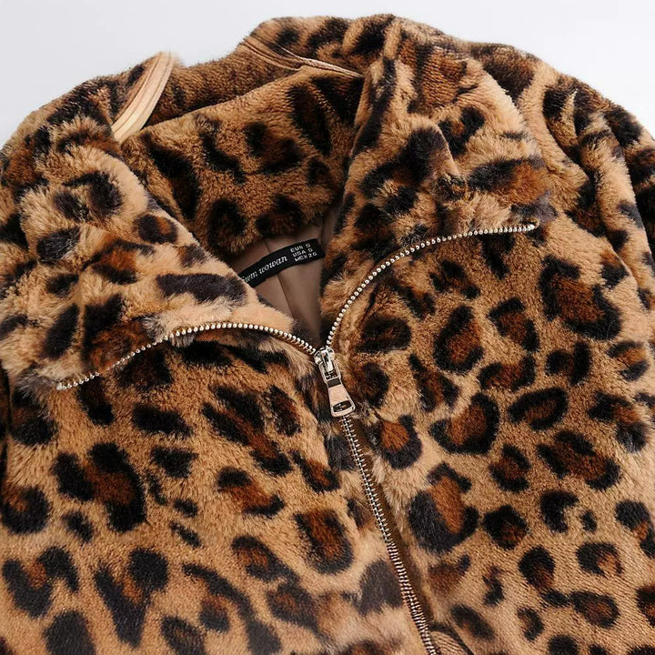 Damen Kunstfelljacke mit Leopardenmuster, durchgehendem Reißverschluss und elastischem Saum Drune
