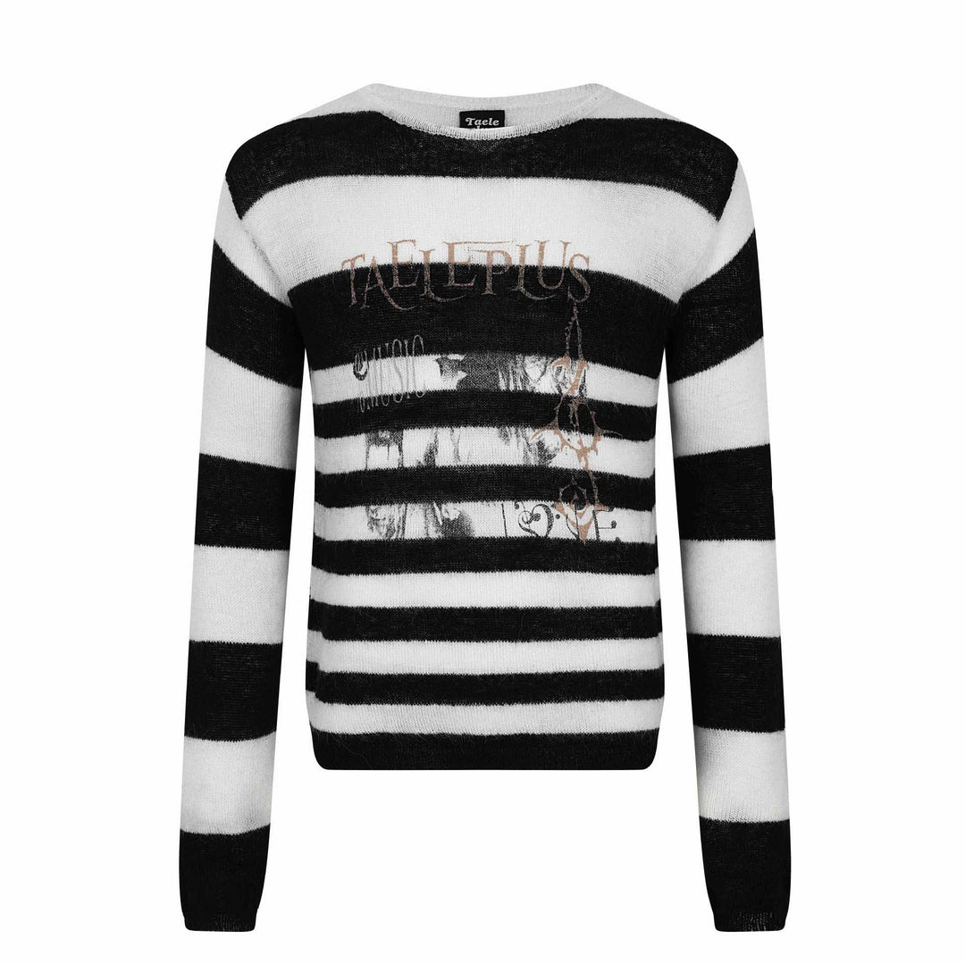 Unisex Gestreifter leichter Mohair‑Mix Rundhalspullover mit Vintage‑Motiv Drune