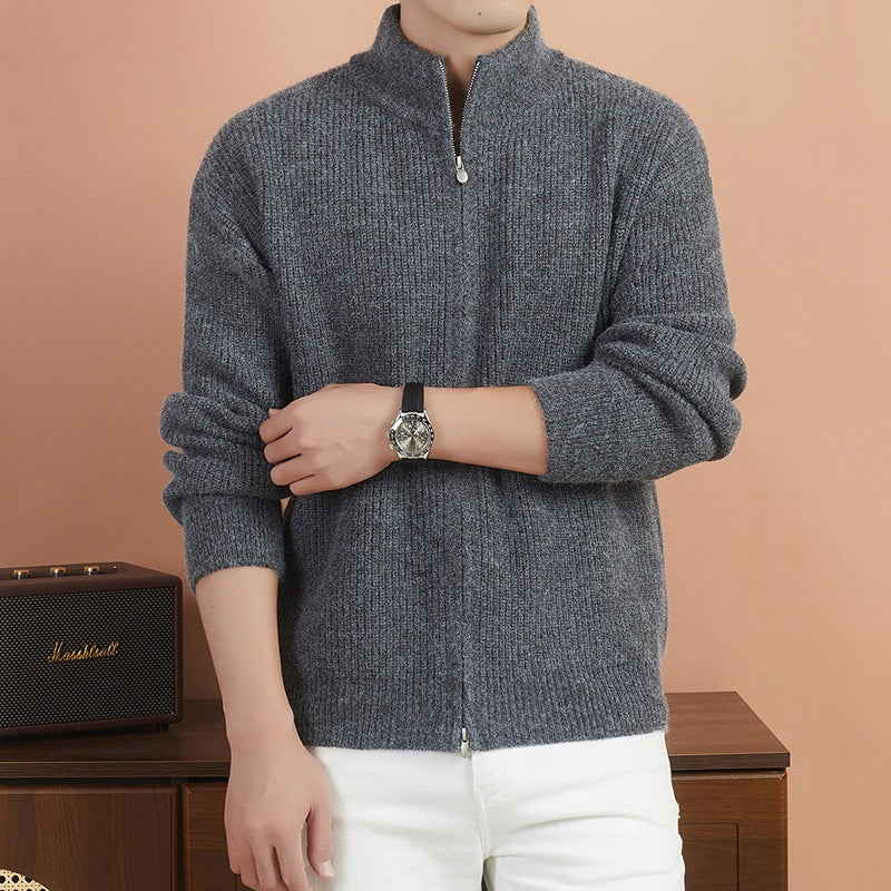 Herren Kuscheliger Zip-Pullover aus Mohair-Mix mit feiner Rippstruktur und Stehkragen Drune