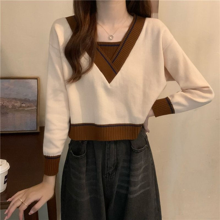 Damen modischer V-Ausschnitt Pullover mit Kontrastdetails Drune