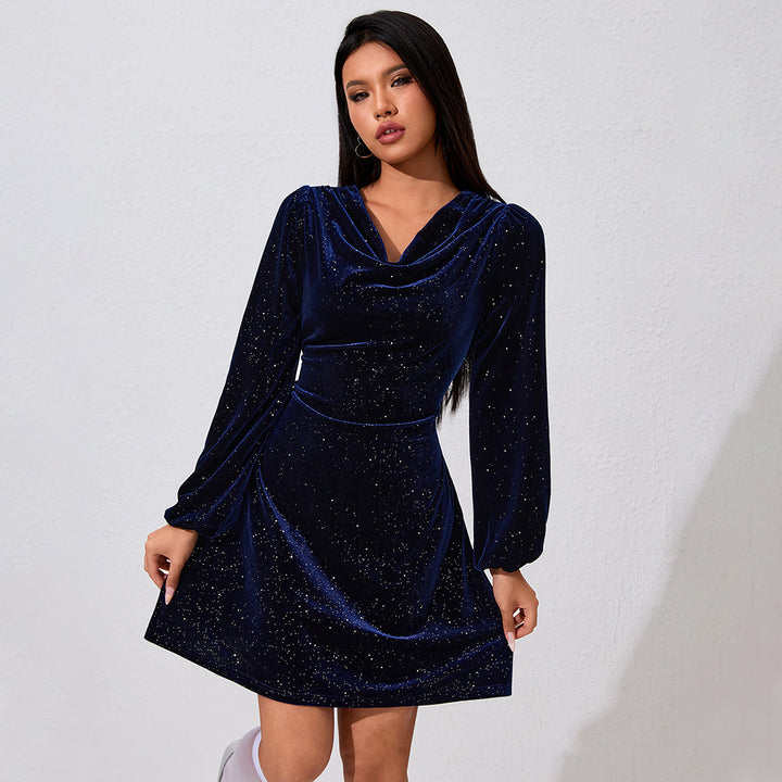 Damen samtkleid mit Wasserfallausschnitt langen Puffärmeln glitzernder Oberflächenstruktur und taillierter A-Linie Drune