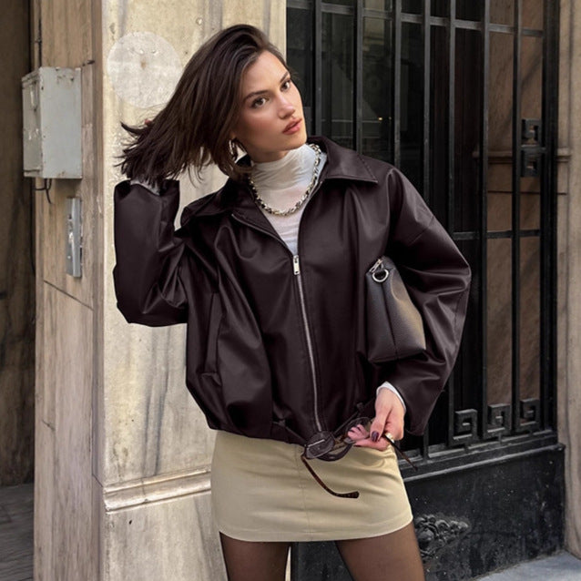 Damen lässige Oversized-Jacke mit Reißverschluss und breitem Kragen Drune