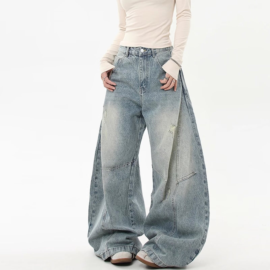 Damen Weitgeschnittene Denim-Hose mit Rissen Drune