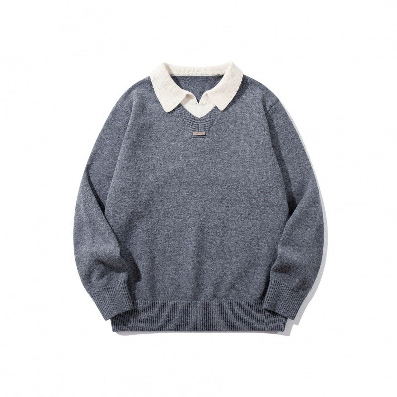 Herren Relaxter Merino-Mix Strickpullover mit kontrastierendem Polokragen und V-Detail Drune