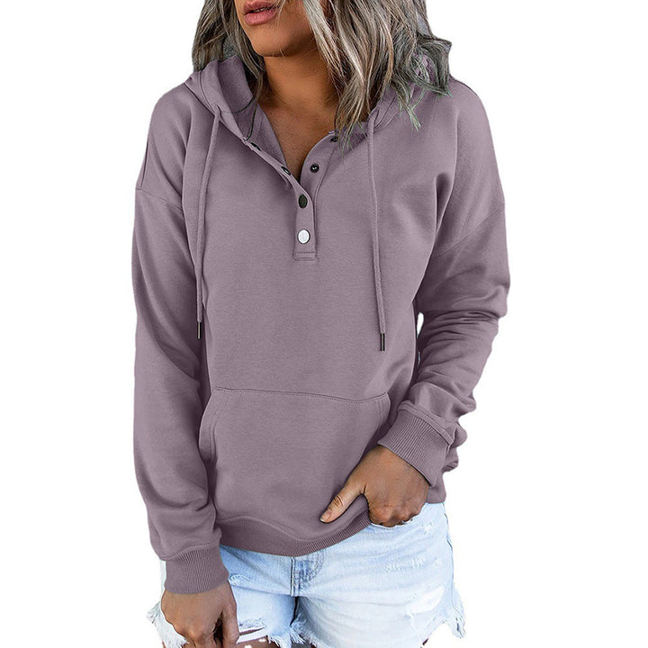 Damen Kapuzenpullover mit Henley-Knopfleiste, Kängurutasche und lockerer Passform Drune
