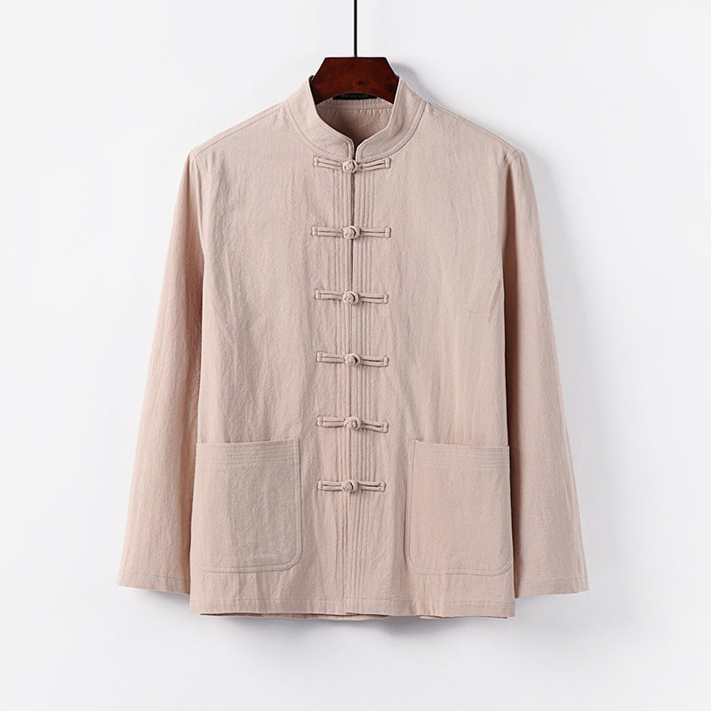 Herren traditionelle Tang-Jacke mit Stehkragen und Knotenknöpfen aus Leinenmischung Drune