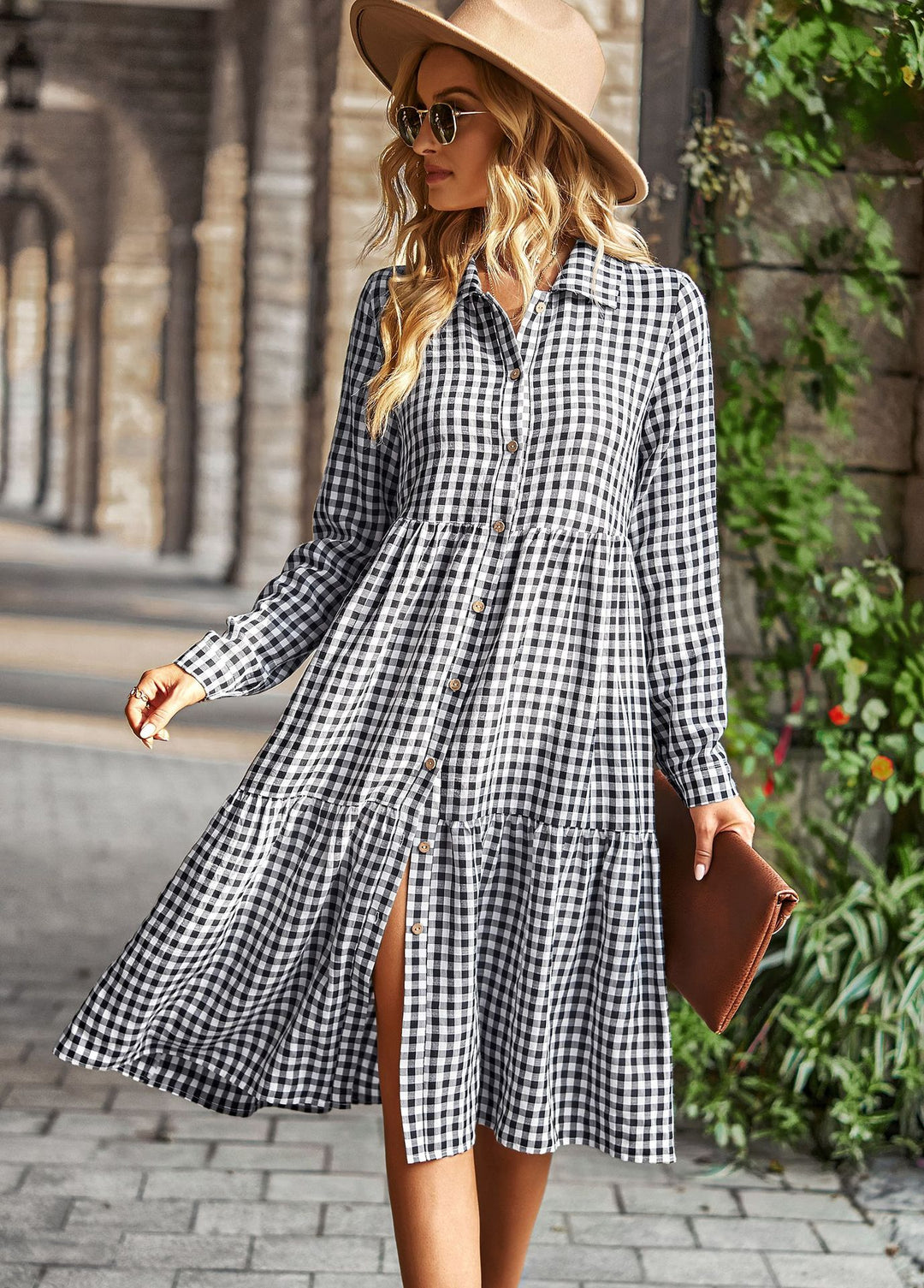 Damen karierte Midi-Bluse mit Knopfleiste und ausgestelltem Rock Drune