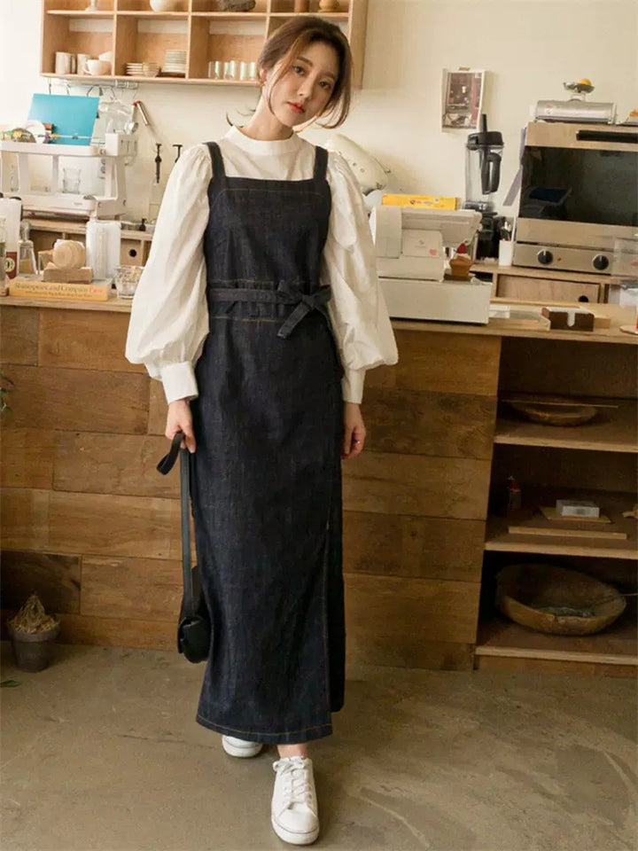 Damen Langes Jeans-Latzkleid mit eckigem Ausschnitt, Taillenband und vorderem Beinschlitz Drune