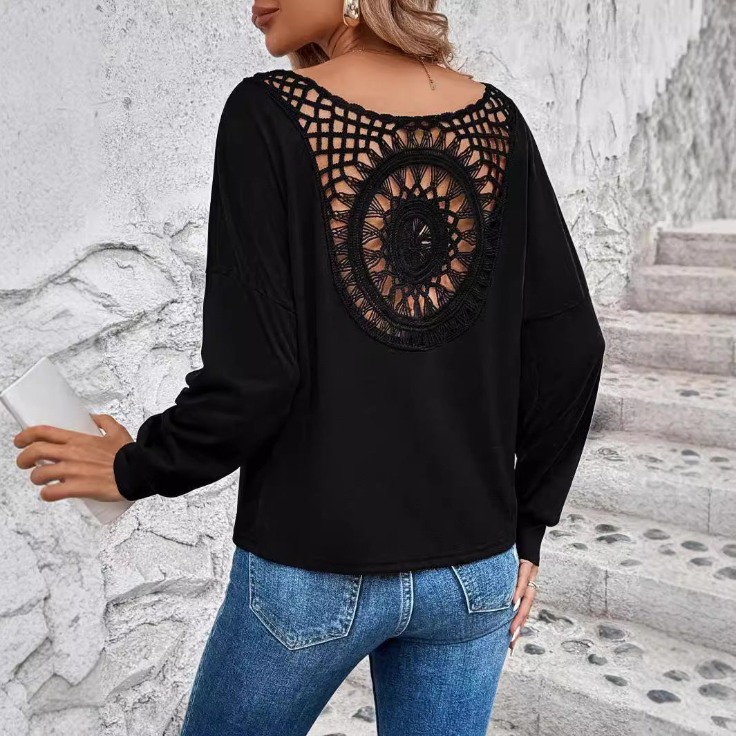 Damen Langarm T-Shirt mit dekorativem Häkelrücken Drune