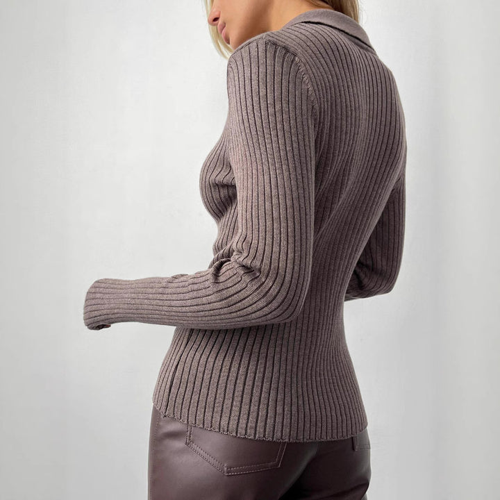 Damen Eleganter, gerippter Pullover mit tiefem V-Ausschnitt Drune