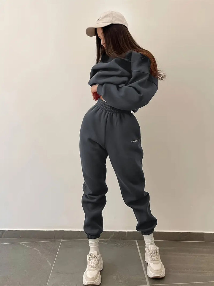 Damen nan Oversized kurz geschnittenes Sweatshirt mit High Waist Fleece Jogginghose Set Drune
