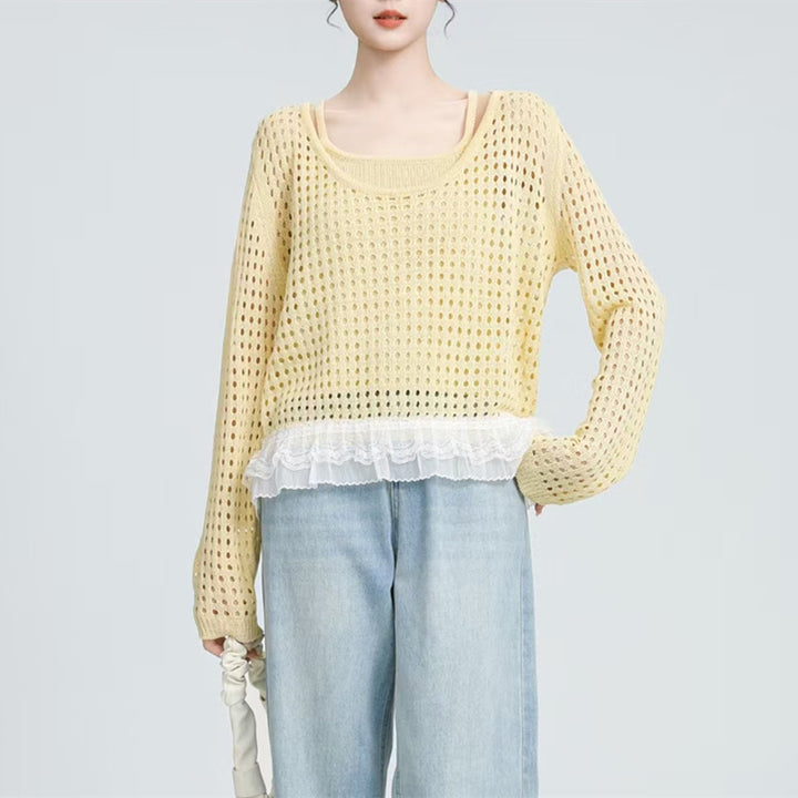 Damen luftiger Pullover mit Rüschen-Detail Drune