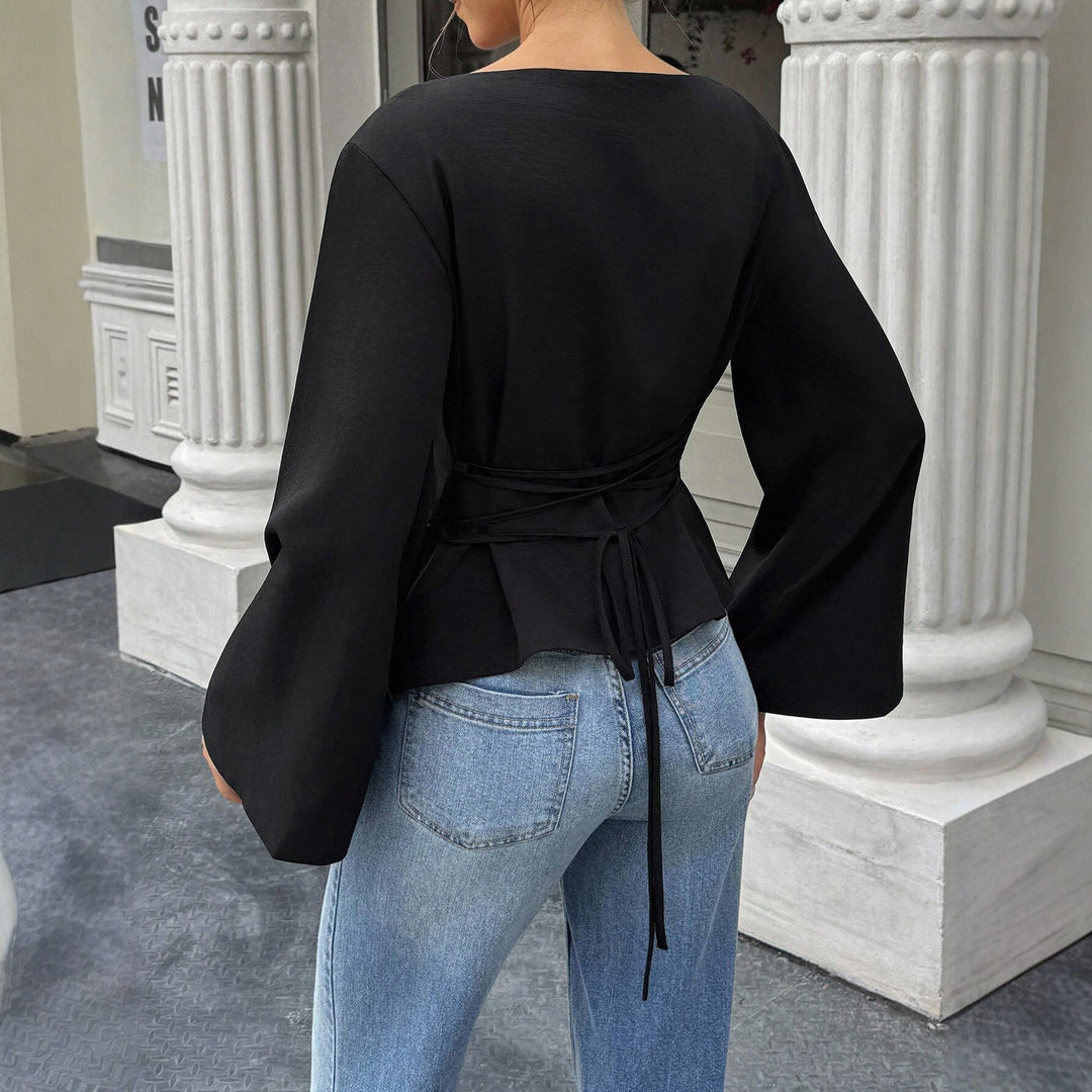 Damen Bootneck-Langarmshirt mit weitem Manschettenärmel und figurbetonter Seitennaht Drune
