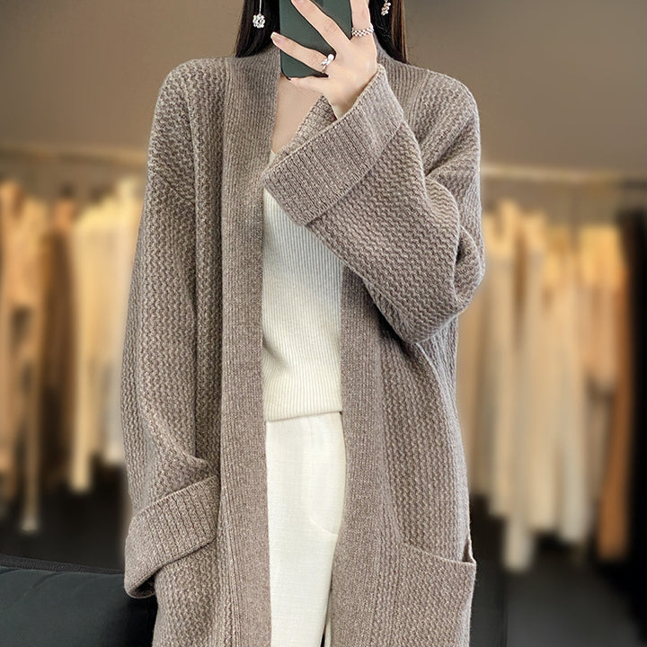 Damen Langer Oversize-Strickcardigan mit Strukturmuster und aufgesetzten Taschen Drune
