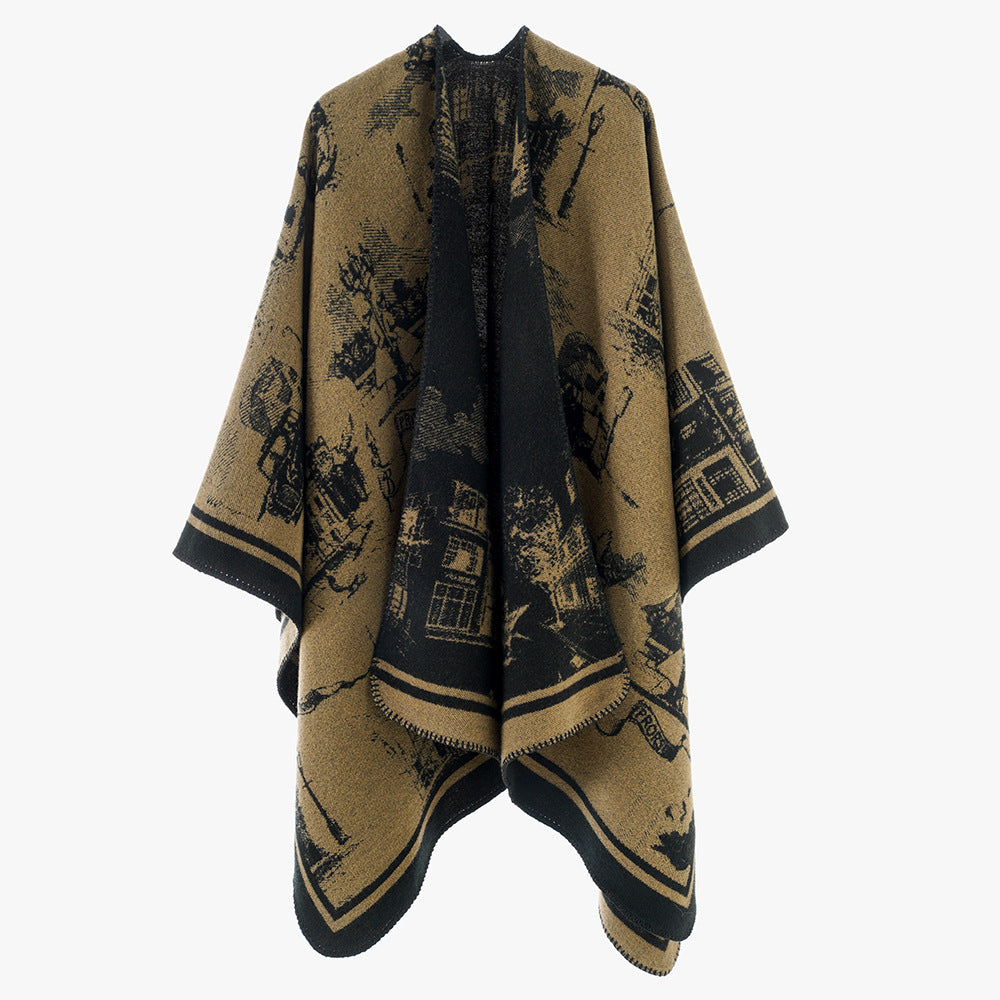 Damen Jacquard‑Capeponcho mit ikonischem Städte‑Jacquard und offenem Oversize‑Fall Drune
