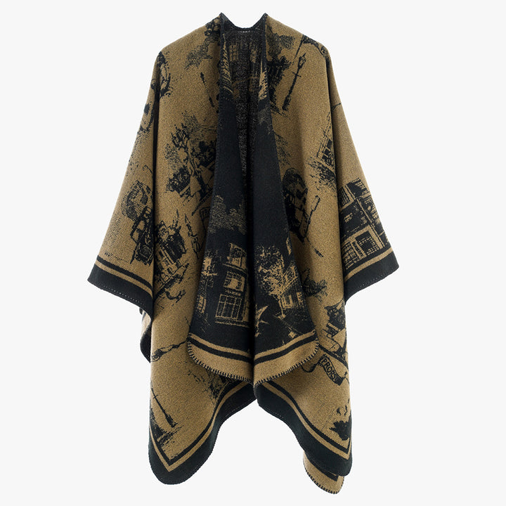 Damen Jacquard‑Capeponcho mit ikonischem Städte‑Jacquard und offenem Oversize‑Fall Drune