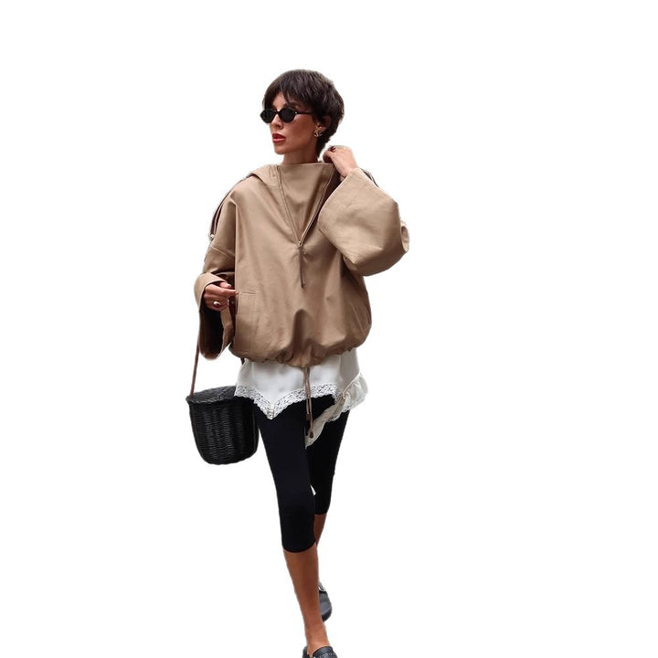 Damen Oversize Kapuzen-Pulloverjacke mit halbem Reißverschluss und Schulterpasse Drune