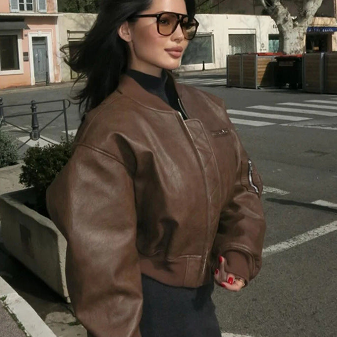 Damen modische Kunstleder Bomberjacke Drune
