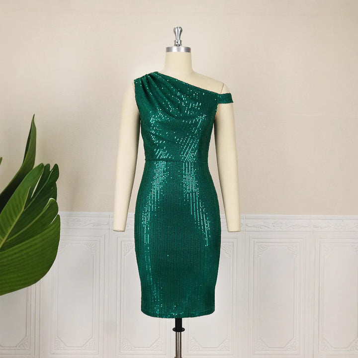 Damen figurbetontes Cocktailkleid mit asymmetrischem Schnitt und glitzerndem Stoff Drune