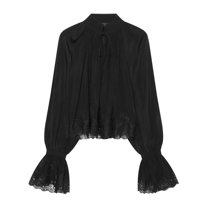 Damen Transparente Bluse mit Stehkragen, Volantenärmeln und Spitzenborte Drune