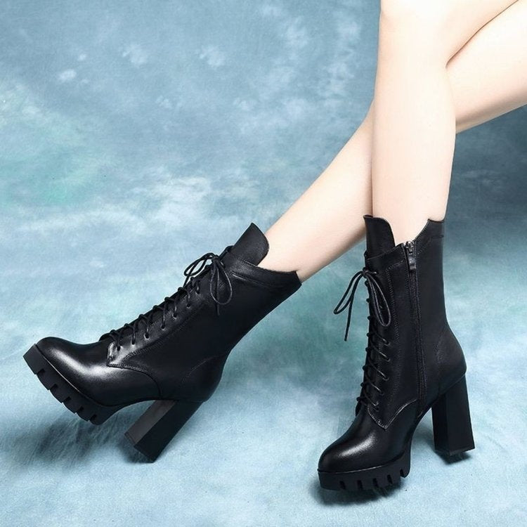 Damen Elegante Ankle Boots mit hohem Blockabsatz und Schnürung Drune
