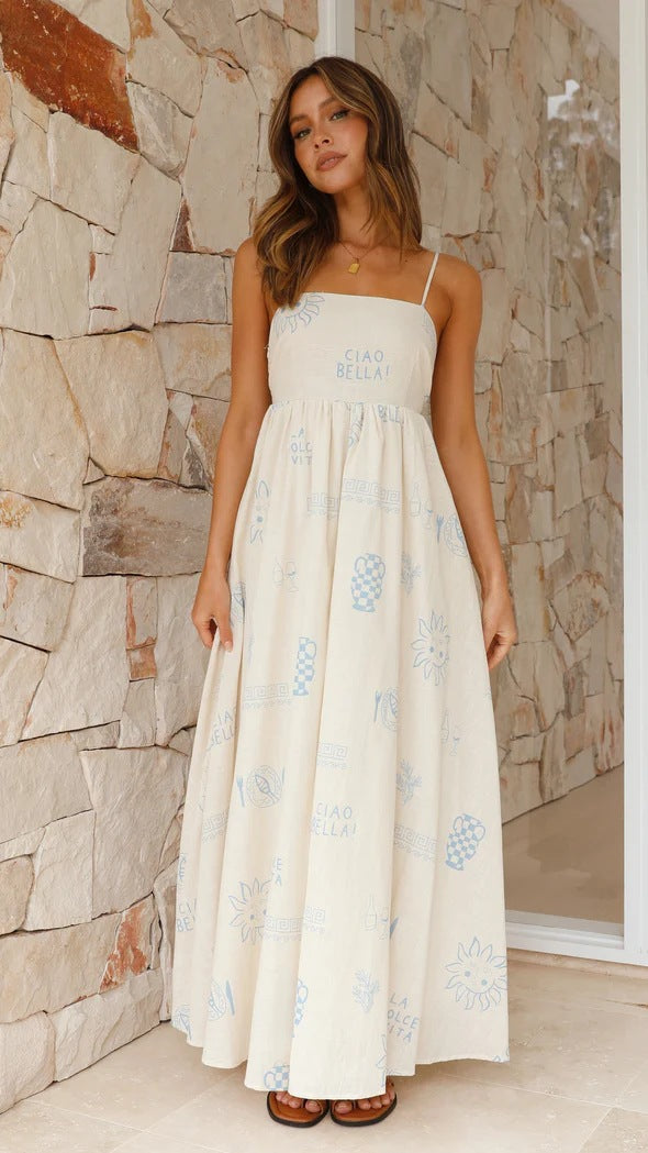 Damen Maxikleid mit gesmoktem Oberteil und verspieltem Grafikdesign Drune