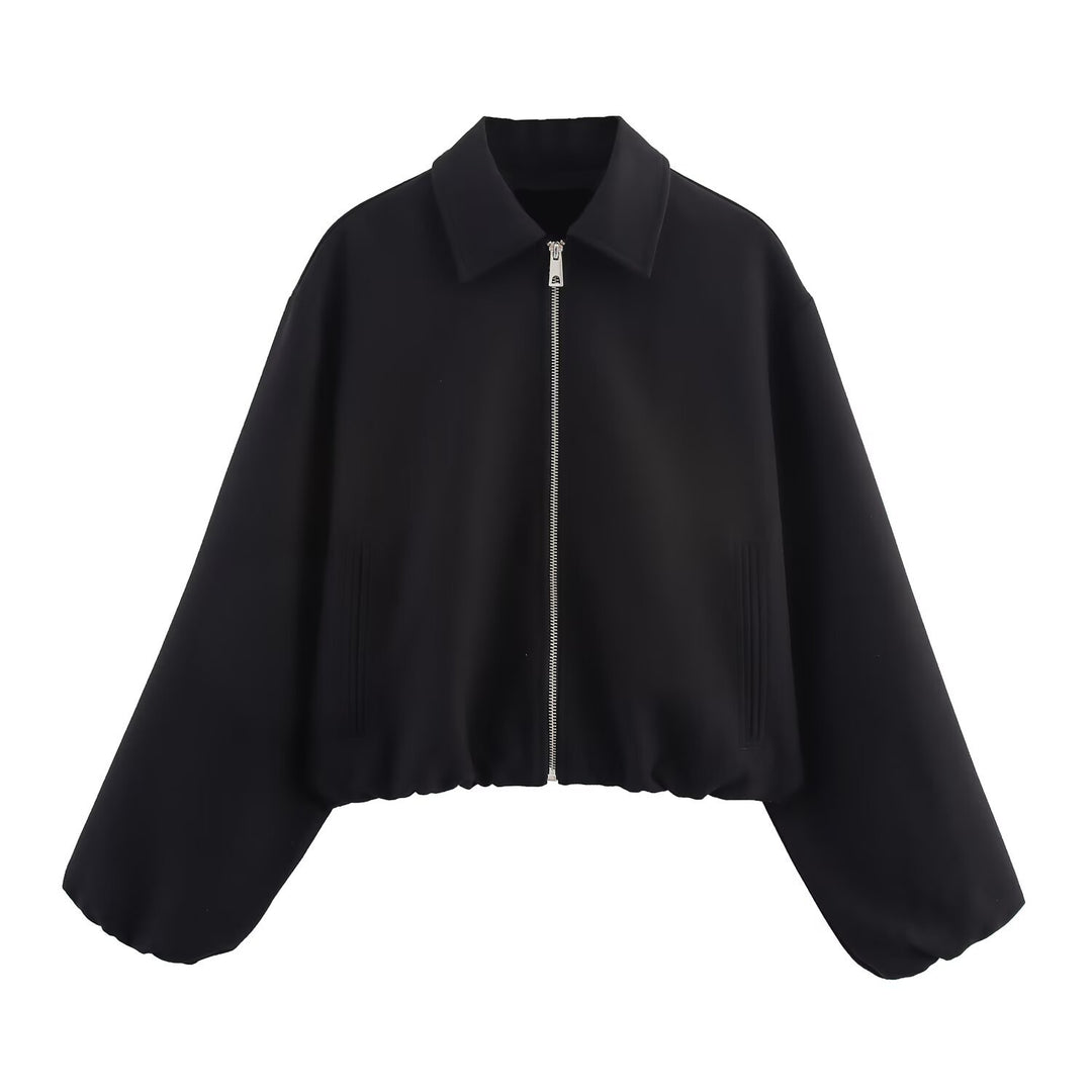 Damen 20+ kurze oversized Blousonjacke mit Reißverschluss gerafftem Saum und Ballonärmeln Drune