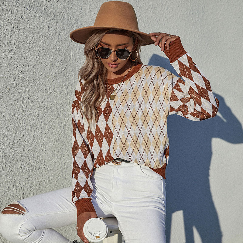 Damen Gemusterter Pullover im Rautenmuster Drune