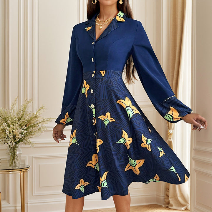 Damen Elegantes Midi-Kleid mit floralem Muster und Knopfleiste Drune