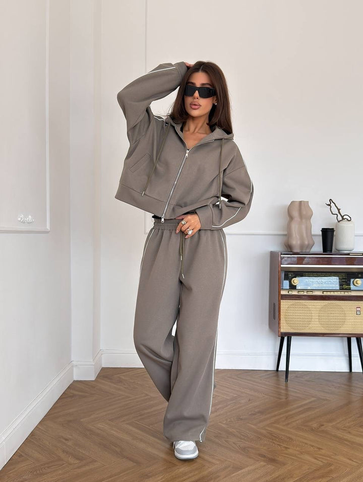 Damen Lässiges zweiteiliges Lounge-Set mit oversized Zipjacke und weitem Kordelzug-Hosenbund Drune