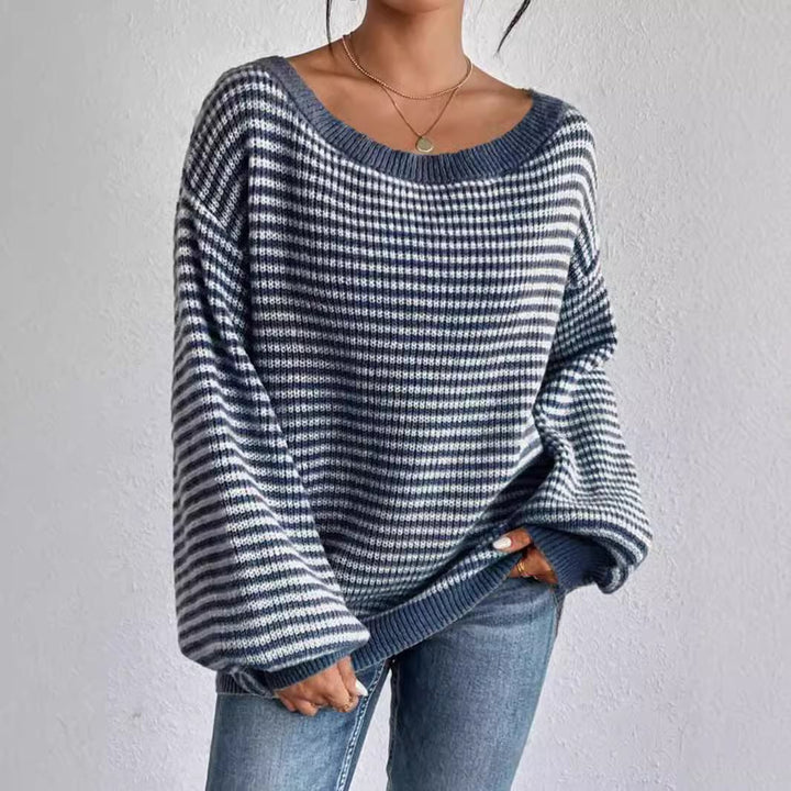 Damen oversized Strickpullover mit V-Ausschnitt und dekorativem Muster Drune