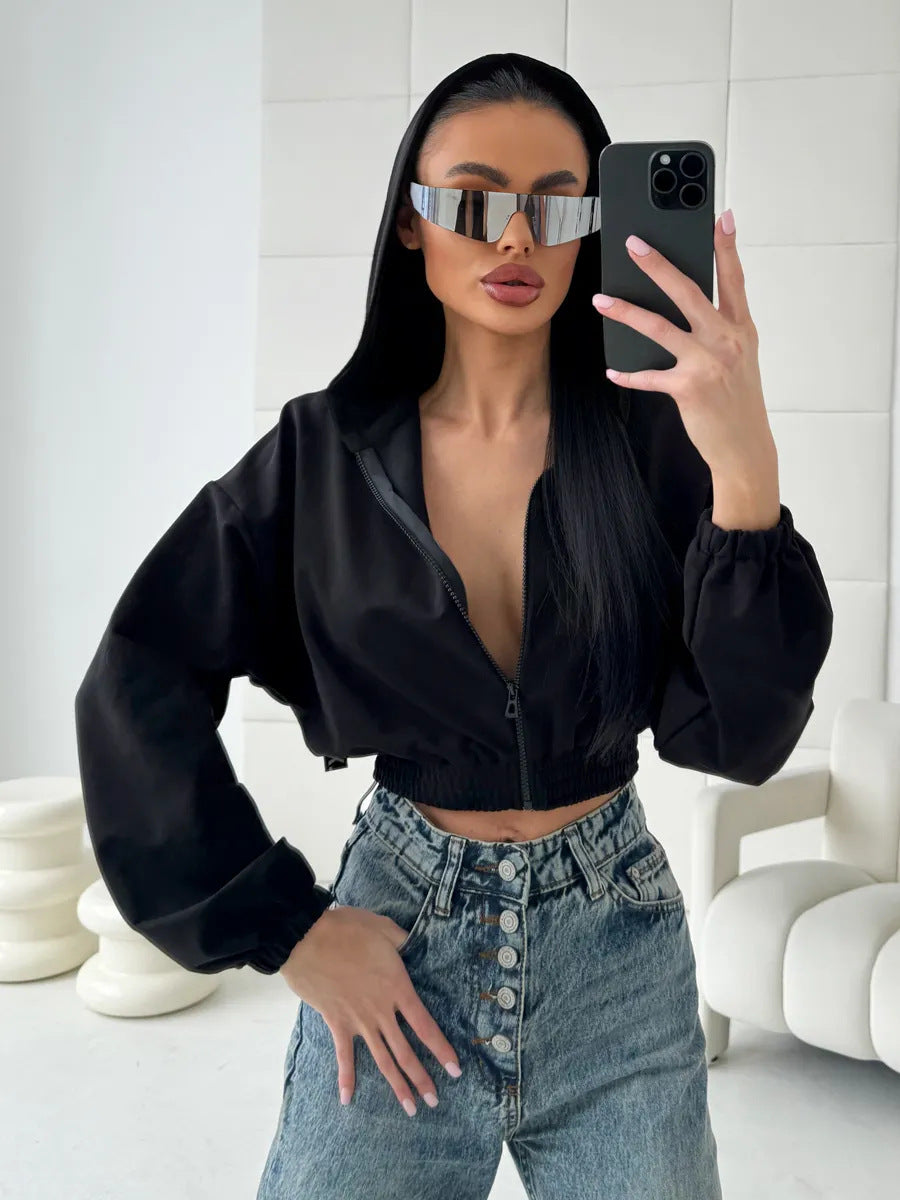 Damen Kurzgeschnittene Kapuzenjacke mit Reißverschluss, elastischem Bund und legerer Passform Drune