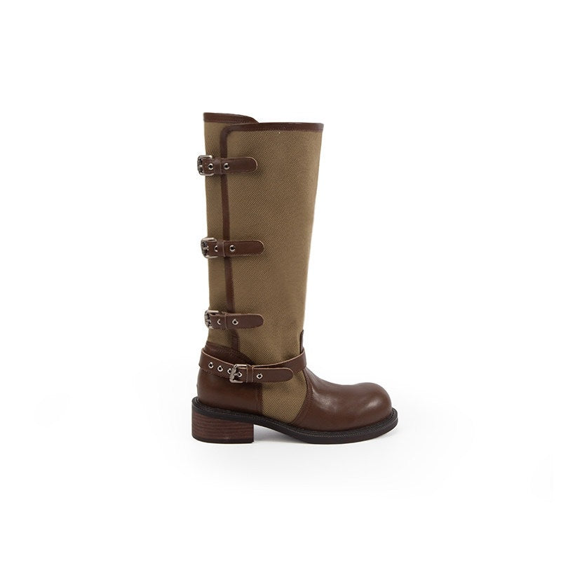 Damen kniehohe Leder-Canvas Stiefel mit verstellbaren Schnallen Drune