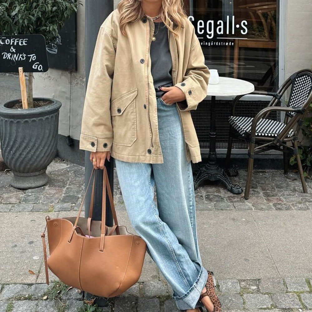 Damen Übergangsjacke mit kordelblauem Kragen und praktischen Taschen Drune