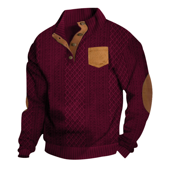 Herren Strukturiertes Kabelstrick-Sweatshirt mit Halbknopfblende, Kunstleder‑Patchtasche & Ellbogenpatches Drune